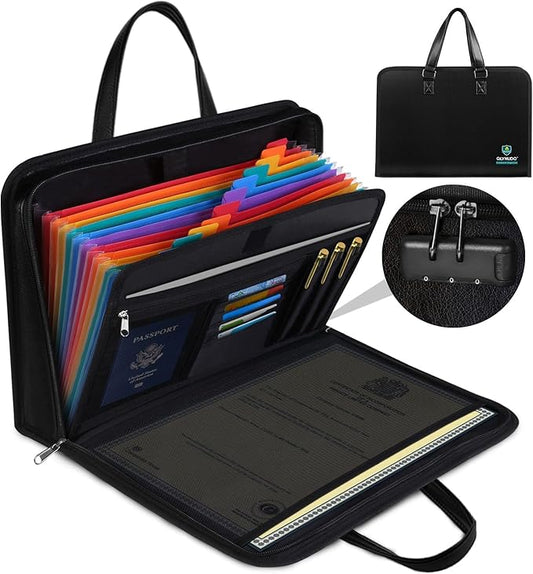 Portable Fireproof Important Document Organizer Binder with Lock for A4 Size, 13-Pocket Expanding File Folder with Zipper for Personal Document Storage, Business, and Estate Planning