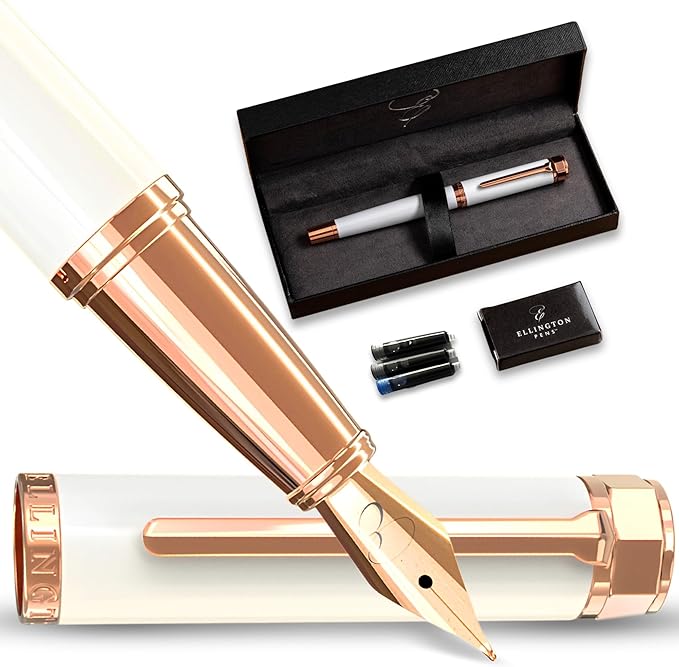 Ellington Pens Luxury Fountain Pen Set - Smooth Medium Nib - Includes 3 Ink Cartridges, Refillable Ink Converter, Gift Box - Fountain Pens For Writing, Calligraphy, Journaling, Sketching (Alpine Rose)