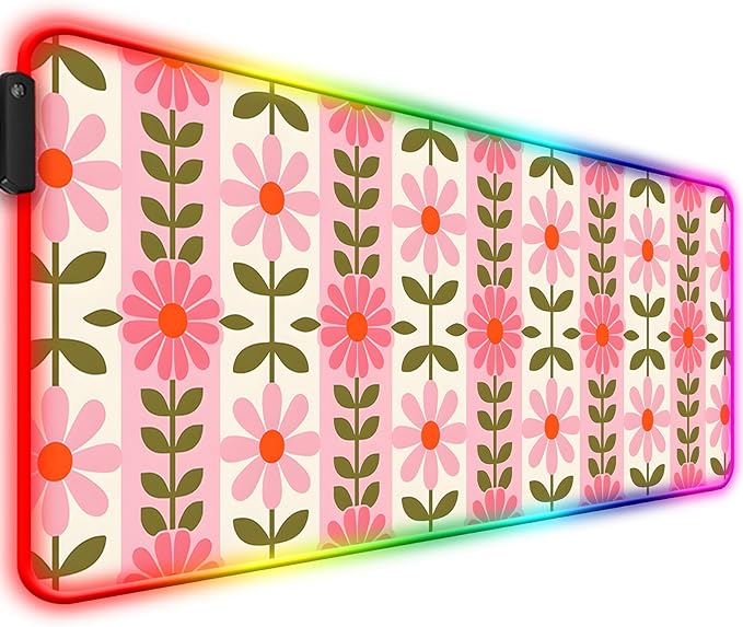 RGB Pretty Pink Flowers Gaming Desk Mat, Computer Keyboard Large Extended Long Floral LED Mouse Pad for Office and Home, XL (W11)