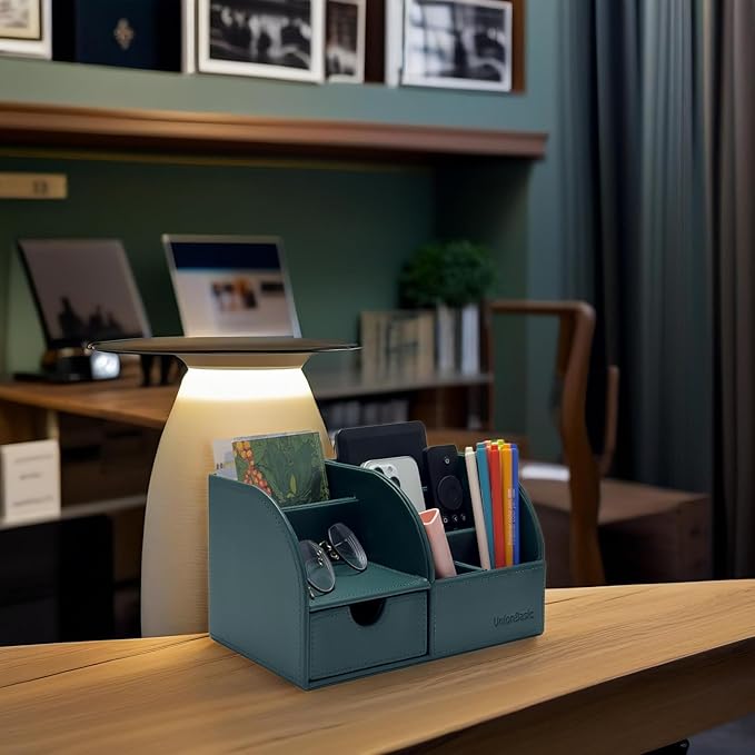 UnionBasic Desk Organizer - Multifunctional Leather Desktop Pen Holder Storage Box - Business Card/Pen/Pencil/Mobile Phone/Stationery Holder, Vintage Green