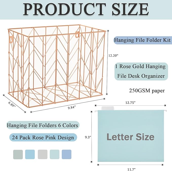 Hanging File Folder Kit Includes 1 Rose Gold Hanging File Desk Organizer and 20 Pack Hanging File Folders Letter Size with 1/5 Cut Tabs Design for School Office Home Supplies, Blue Design