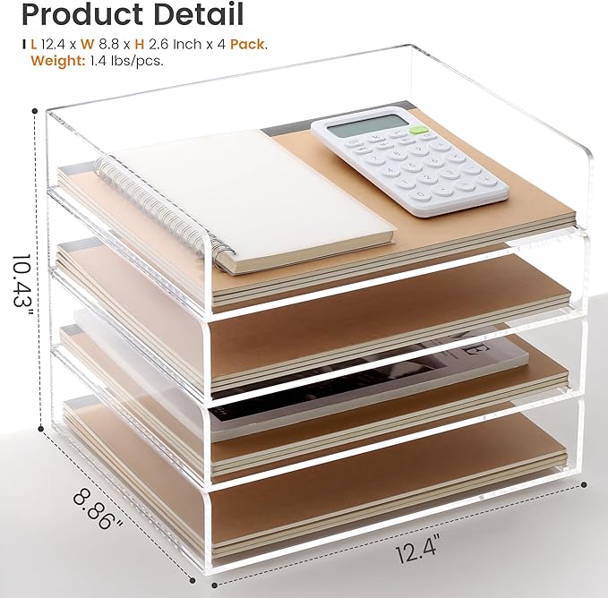 Acrylic Paper Tray, 4 Tier Paper Organizer for Desk, Clear Acrylic Desk Organizers, Stackable Letter Tray Workspace oaganzier -Art Storage for School Classroom -4 Pack…