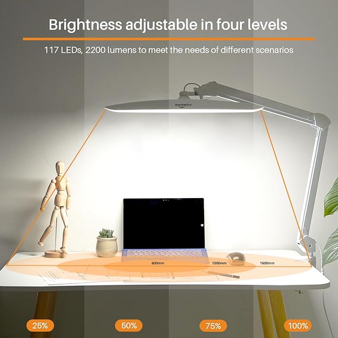 117PCS LED Clamp Desk Lamp, 20 Inch Metal Swivel Arm with Protective Casing, 2200 Lumens, Dimmable Task Lamp for Reading, Office Work, Sewing, Study, and Crafts(White)