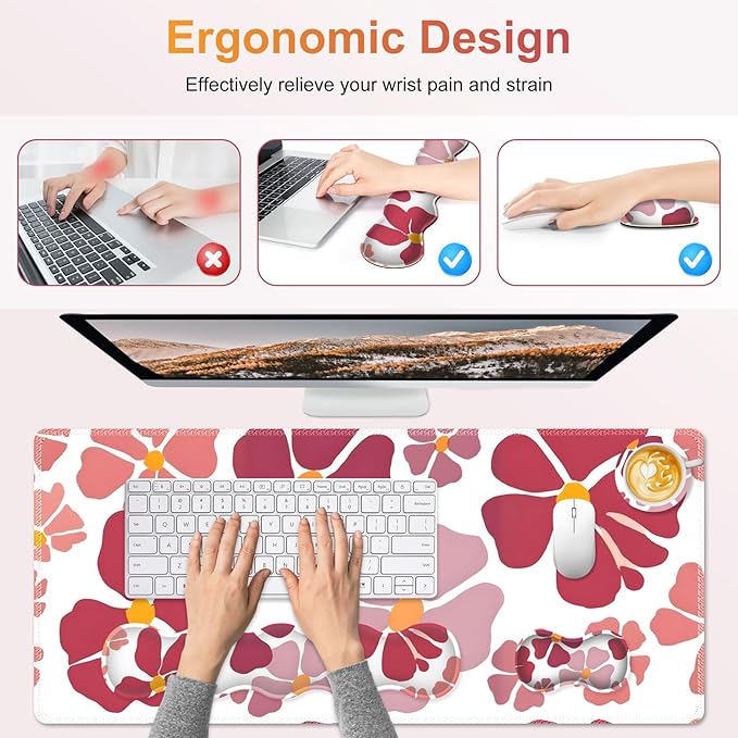 Desk Mat Gaming Mouse Pad, Cute Desk Matt Keyboard Wrist Rest for Desktop, Anti-Slip Mousepad w/Stitched Edges, XXL Large Mouse Pad with Wrist Support for Desk Computer I Burgundy Lucky Flower