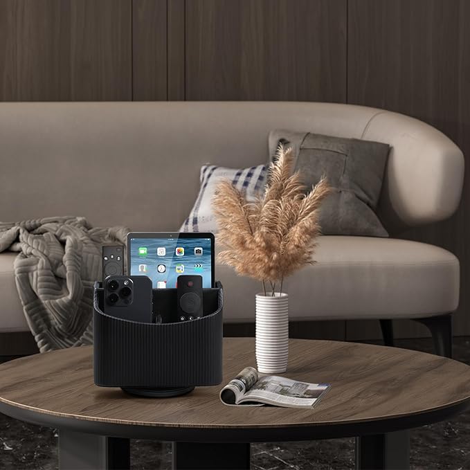 PU Leather Remote Control Holder, 360 Degree Rotating Desk Organizer Storage Table Remote Caddy, Spinning Bedside Organizer Nightstand Organizer for Desktop Office Home Black