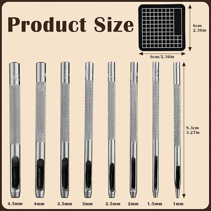 8 Pcs Leather Hole Punch Cutter 1mm-4.5mm Hollow Punch Set for Leather Crafting Round Hollow Tools for Watch Bands Belts Canvas Paper Rubber Soft Material Working