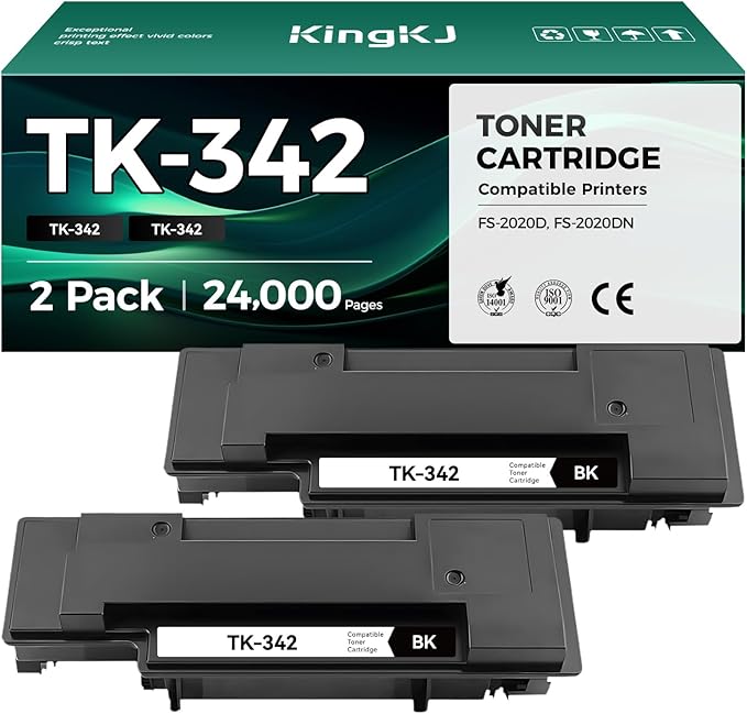KingKJ TK-342 TK342 Toner Cartridge Black 2-Pack High Yield Replacement for Kyocera TK-342 TK342 1T02J00US0 1102J03EU0 Toner Ink Compatible with Kyocera FS-2020D FS-2020DN Printer Copy（12,000 Pages）