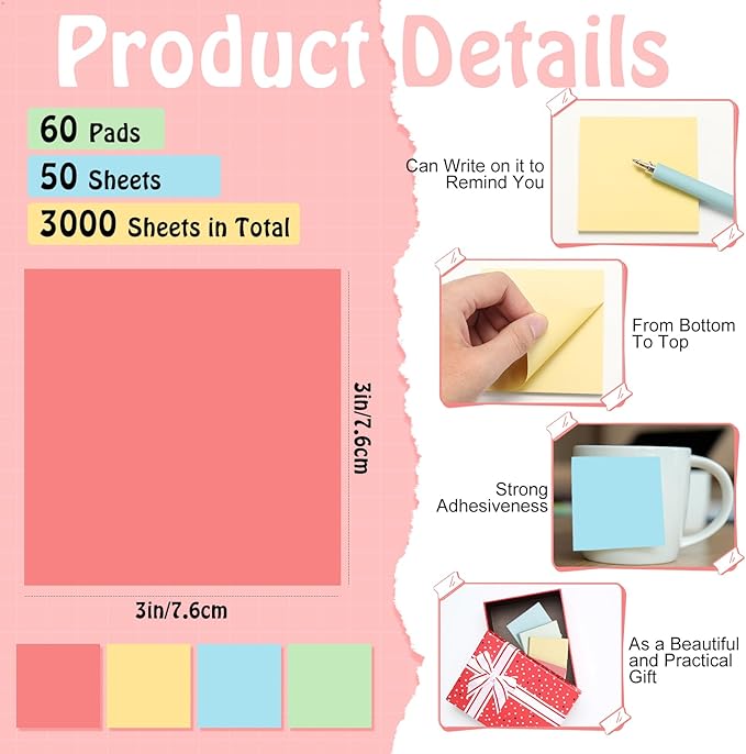 Fainne 60 Pack Sticky Notes Bulk Back to School Supplies Self Stick Note Pads Paper Memo for Office First Day of School Student Teacher Essentials (3x3inch,Lively Colors)