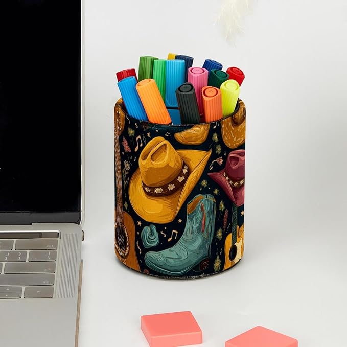Western Cowboy Hat Circular Pen Holder, Pen Cup Makeup Brush Holder, Design for School, Home and Stationary Supplies (3.9 x 3.1 Inches)