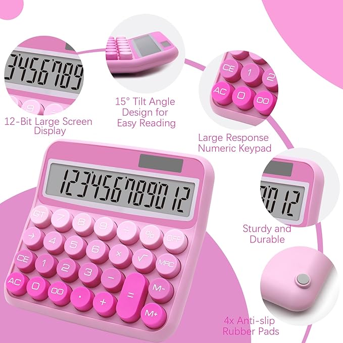 Gradient Pink Calculator, Big Button Calculator with Large LCD Display, Hot Pink Office Desk Accessory for Offices, Schools, Homes and Businesses