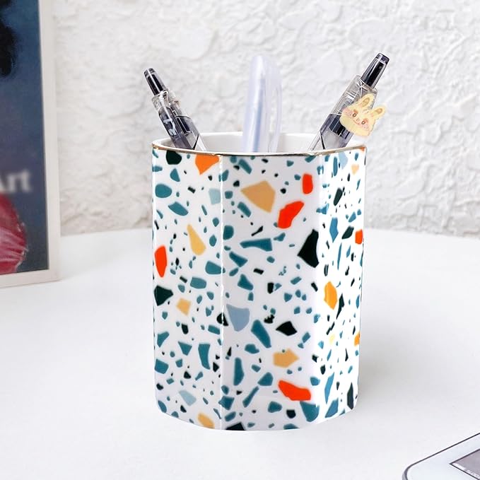 Pen Holder, Makeup Brush Holder Ceramic Shiny Gold Terrazzo Marble Stone Pattern Pencil Cup for Girls Kids Women Durable Stand Desk Organizer Storage Gift for Office, Classroom, Home Colorful