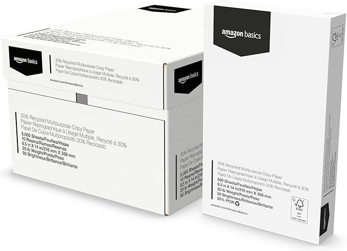 Amazon Basics 30% Recycled Multipurpose Copy Printer Paper, 8.5 x 14 Inches, 20 lb, 10 Ream, (5,000 Sheets), 92 Bright, White