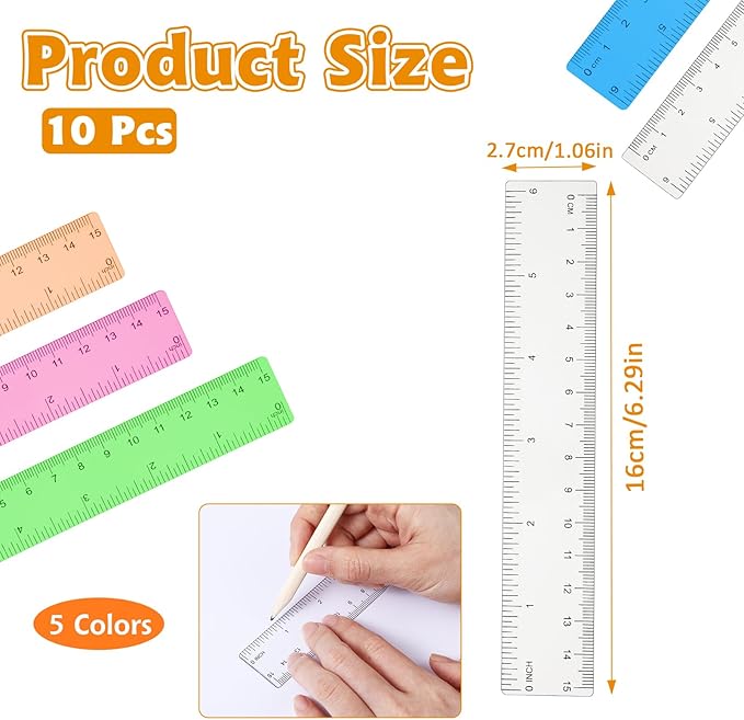 10 Pack Plastic Ruler 6 Inch 5 Assorted Color Small Plastic Ruler Straight Edge Ruler Flexible Ruler Measuring Tool Rulers Bulk for Kids School Office Classroom