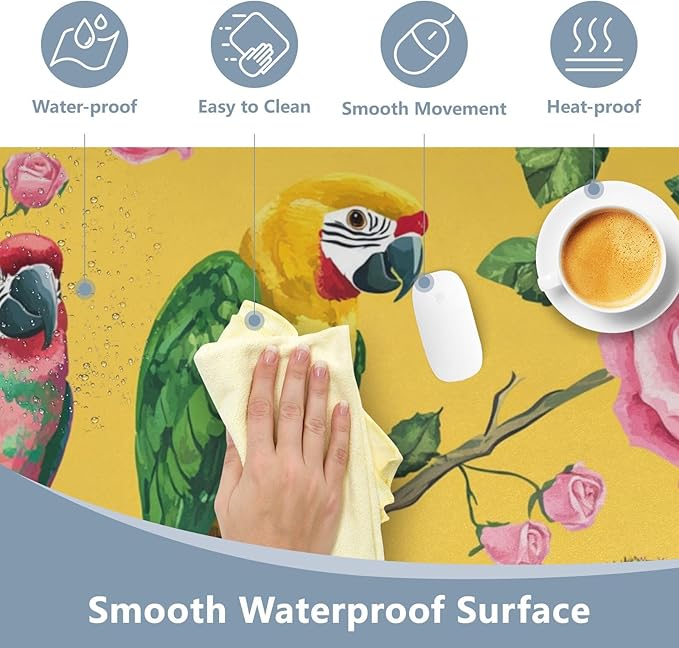 Mouse Pad Desk Mat Leather Desk Pad Large Gaming Desk Cover Protector Mat for Keyboard Computer Laptop Office Waterproof 35.4 x 16.5 Inch Yellow Cactus Parrots and Roses