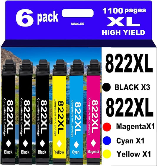 822XL Remanufactured for Epson 822XL Ink Cartridges for 822 XL T822 Workforce Pro WF-3820 WF-3823 WF-4820 WF-4830 WF-4833 WF-4834 Printer 6 Pack 3 Black 1 Cyan 1 Magenta 1 Yellow