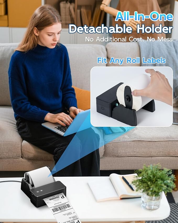 Bluetooth Thermal Label Printer with Label Holder, 4x6 Shipping Label Printer for Small Business, Compatible with iOS Android Phone&Pad&PC, Widely Used for Ebay, USPS, FedEx, Tiktok