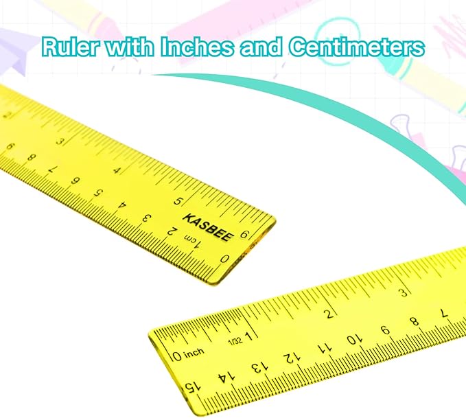 6 Inch Rulers, Colored Clear Rulers, Centimeters and Inches, Plastic Ruler for Kids, School, Home, Office, Pack of 7