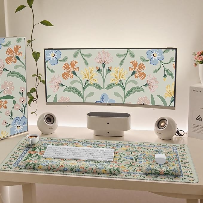 iCasso Mouse Pad with Wrist Rest,Large Desk Mat Set,Ergonomic Keyboard Pad with Wrist Support,Non-Slip Mouse Mat for Women,Cute Floral Computer Mat for Home Office Gaming (Green Floral)