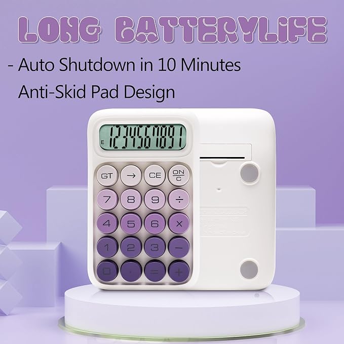 Mechanical Switch Calculator, 10 Digits, Large LCD Display, Purple, Big Buttons, Aesthetic