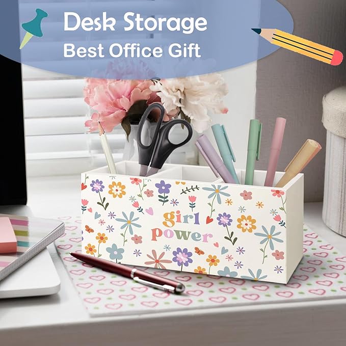 SNNDER Girl Power Pen Holder for Desk, Feminist Gifts, Female Women Empowerment Gifts, Wildflower Floral Aesthetic Wooden Pen Pencil Holder Organizer for Home Office Desk Accessories