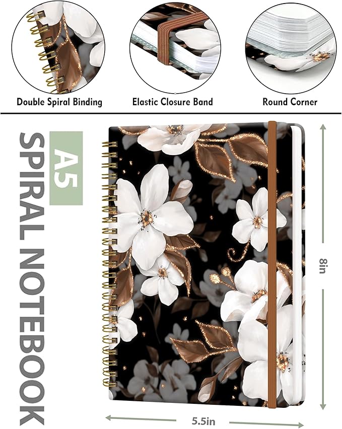 Spiral Journal Notebook for Women, Hardcover A5 College Ruled Notebook, 60 Sheet, Thick Paper, Cute Lined Journal for School, Office & Work, 6 x 8.4 in(Cute Flower)