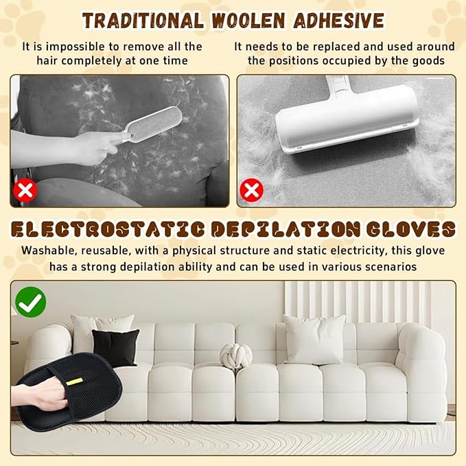 Bopanol Pet Hair Removal Glove, Pet Hair Remover Gloves for Cats & Dogs, Dogs, Electrostatic Pet Hair Removal Gloves Brush for Pets Hair, Suitable for All Pets (2pcs)