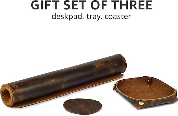 LEATHER VILLAGE -32X16 Real Leather Desk Mat for Desktop & Laptop, with Leather Tray & Tea Coaster, 3mm Thick Desk Cover-Protector-Blotter- Brown Color