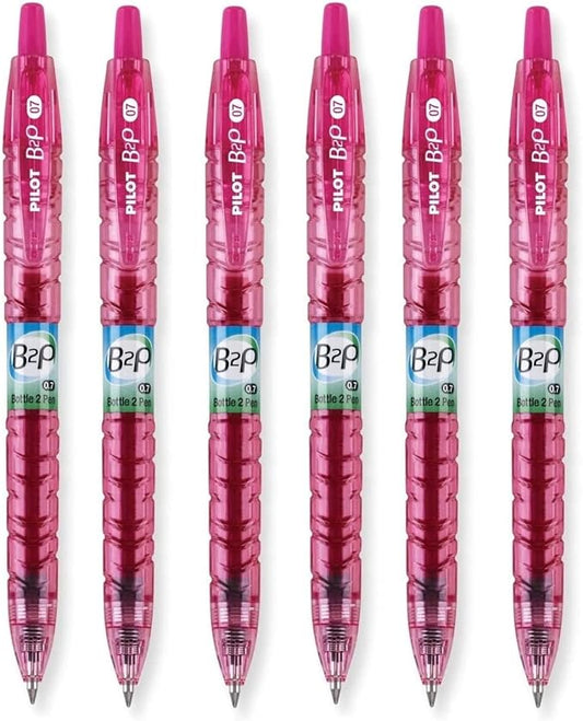 Pilot B2P - Bottle to Pen Refillable & Retractable Rolling Ball Gel Pen Made From Recycled Bottles, 0.7mm Fine Point, Pink Ink, 6-Pack