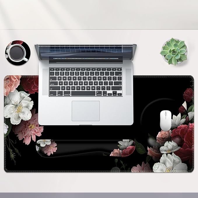 AIMSA Mouse Pad,Large Black Desk Mat, XXL Mousepad+Keyboard Wrist Rest+Ergonomic Mouse Wrist Rest+Coaster Set,4in1 Desk Pad for Home Office Table Computer-Vintage Flower
