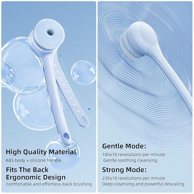 Oh,XIYU. Electric Body Brush Back Scrubber for Shower, Waterproof Long Dual Handle Power Body Scrubber with 3 Heads, Rechargeable Bath Brush & 2 Speeds, for Cleansing, Exfoliating and Massaging Skin
