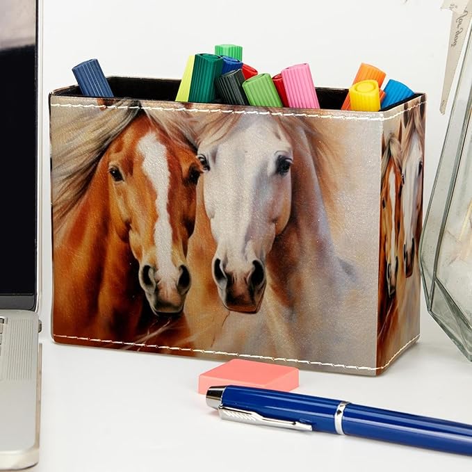 Pen Holder, Pencil Holder for Desk, Horse, Makeup Brush Organizer with 2 Compartments for Office Home Desk Accessories