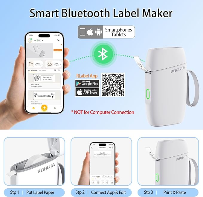 Rongta Bluetooth Label Maker Machine with Tape, Portable Mini Label Printer Wireless Thermal Handheld Sticker Makers Mini Label Makers with Multiple Templates for Organizing Office Home School(White)