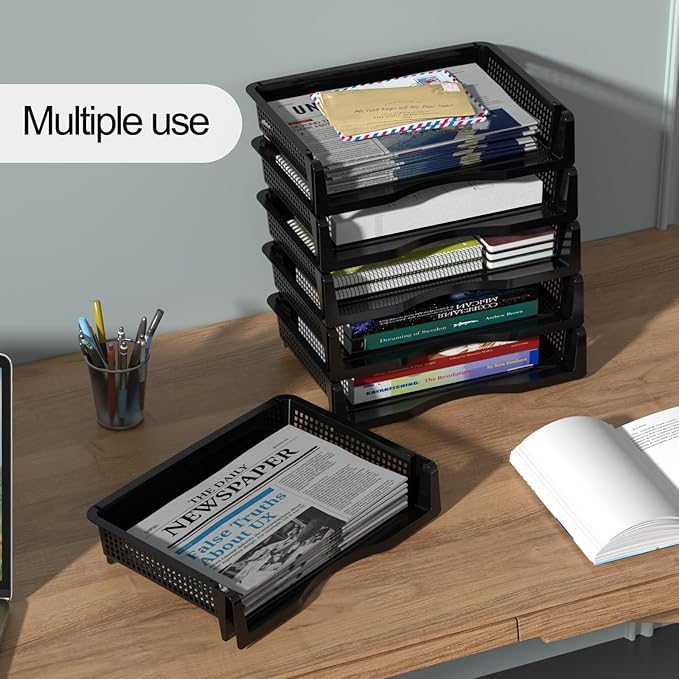 Xyskin 6 Tier Black Plastic Stackable Organizer Trays, Desktop Letter Tray for Office, Home, School