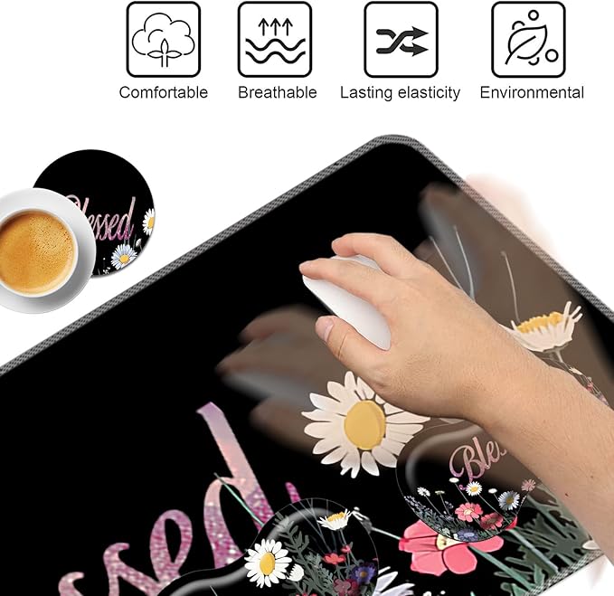 Keyboard Mouse Pad Set,Large Mouse Pad+Keyboard Wrist Rest+Wrist Support+Coaster,31.5x11.8in Extended Desk Mat for Computer Laptop Office Home-Florid Blessed