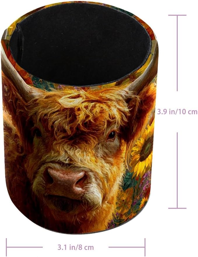 1 Pack Watercolor Sunflower Yak Circular Pen & Pencil Holder - Durable PU Leather Pencil Cup, Desk Accessories Organizer for Office Desk School Home