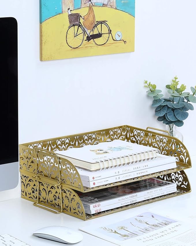 EasyPAG Paper Organizer for Desk 2 Tier Stackable Paper Tray for A4 Legal Size Folders Metal File Storage Desktop Organizer for Home Office School Teacher, Gold