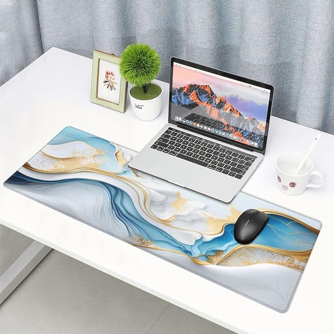 Desk Pad,Office Desk Mat 31.5"×11.8" Large Gaming Mouse Pad,Durable Extended Computer Mouse Pad,Waterproof Thick Big mouse Pads with Non-Slip Rubber Base Office Home Blue White Gold Marble