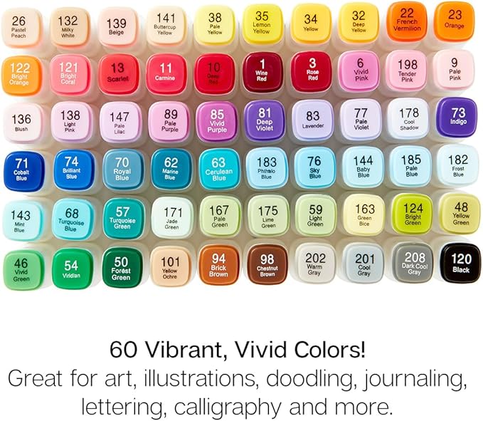 KINGART 424-60 PRO Double-Ended Alcohol Ink Art Markers, 60 COLORS, Fine Point & Chisel Tips, Permanent with Superior Blendability, Includes Plastic Case, 60 Pc.