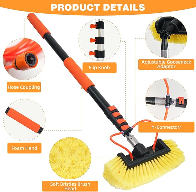 TOWBRUS 12FT/144inch Car Wash Brush with Long Handle Water Fed Telescopic Pole with Angle Adapter 12" Soft and Hard Bristle Cleaning Tool for Car Truck RV House Floor Window Glass Roof Pool