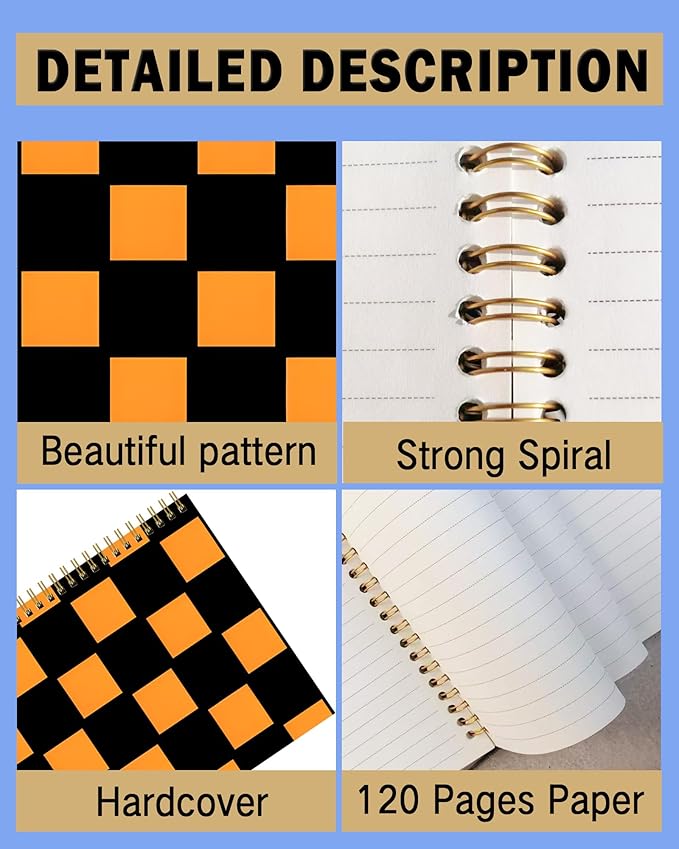 Spiral Notebook A5, Hardcover Journal for Women, 120 Pages Thick College Ruled Paper, Perfect for Office, School, or Home Use(Black and Orange Checkered)