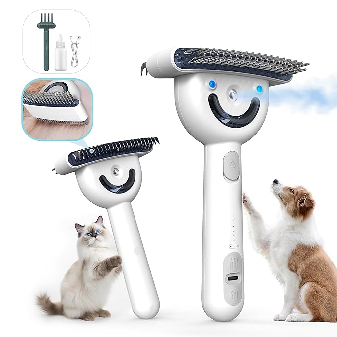 Dog brush for shedding & Cat Grooming Comb kit– Pet Steam brush with UV Sterilization, Rechargeable - Suitable for long-haired or curly-haired pets. Removes tangled hair