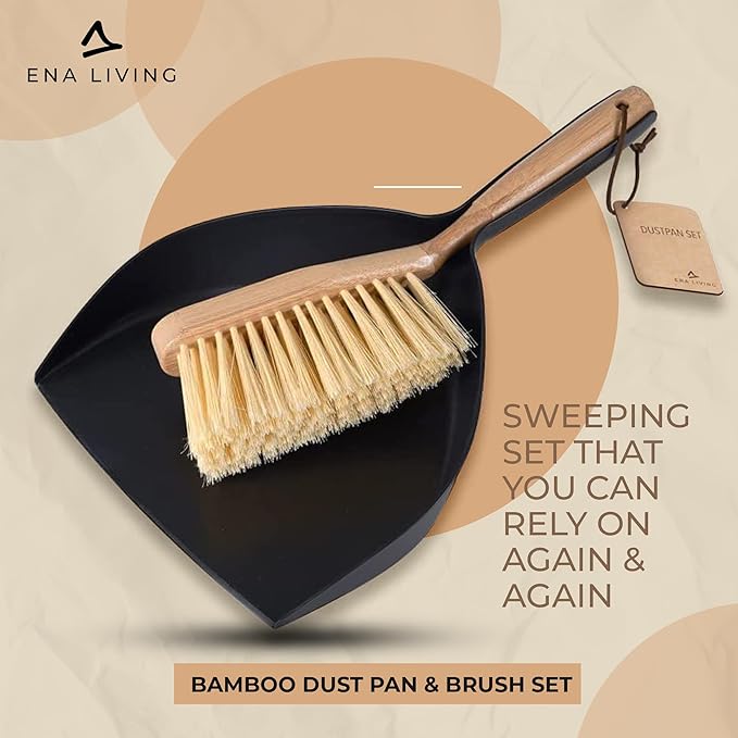 ENA Living Bamboo Dust Pan & Brush Set, Portable Dustpan & Brush, Perfect For Household Cleaning, Sturdy & Effective Dust Pan, Bamboo Sweeping Brush - Standard