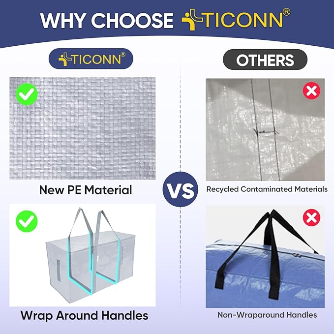 TICONN 6 Pack Extra Large Moving Bags with Zippers & Carrying Handles, Heavy-Duty Storage Tote Moving Boxes for Space Saving (6 Pack, Light Grey)