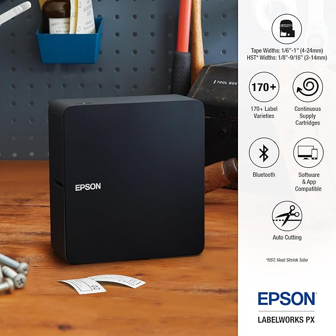 LABELWORKS Epson LW-C610PX-BLK Premium Portable Bluetooth Label Machine Printer – Create Sticker Labels for Crafts and Organization, Ideal for Small Business, Designer Tape Supported, App Compatible