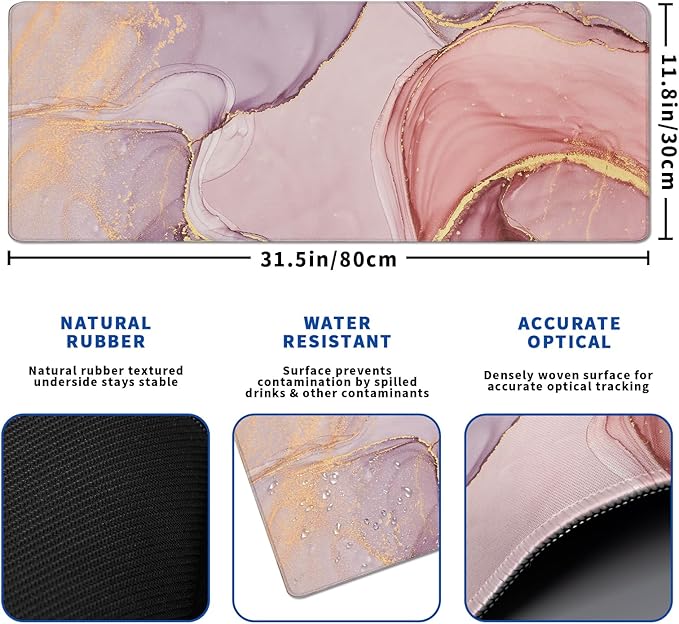 Rose Gold Marble Mouse Pad Abstract Marble Mouse Pad 31.5x11.8 Inch Texture Non-Slip Rubber Base Large Mousepad Stitched Edges Keyboard Mouse Mat Desk Pad for Office and Home