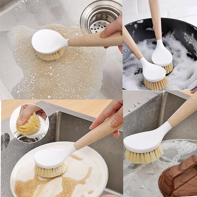 3 Pack Dish Brush Set with Bamboo Handle,Dish Scrubber Built-in Scraper, Scrub Brush for Pans, Pots, Kitchen Sink Cleaning with Tough Bristles for Cleaning Cast Iron Cookware