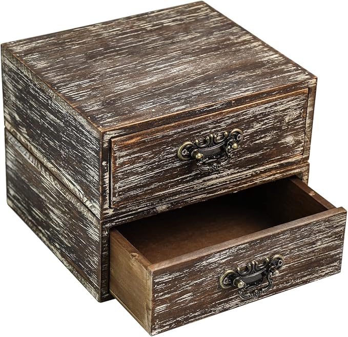 Office Desk Organizer Drawers Dark Brown Vintage 2pcs/set Small Wood Desktop Storage Box Farmhouse Kitchen Countertop Organizer Makeup Storage Box for Workspace Home Toiletries Supplies Vanity