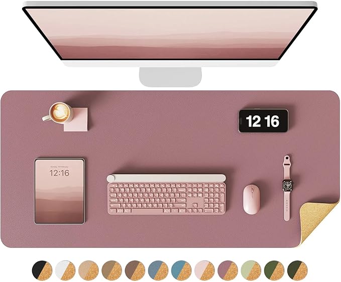 YSAGi Double-Sided Desk Mat, Eco Cork & Leather Desk Protector, Large Mouse Pad & Writing Pad for Office & Home (35.4"x17", Cork + Dark Pink)