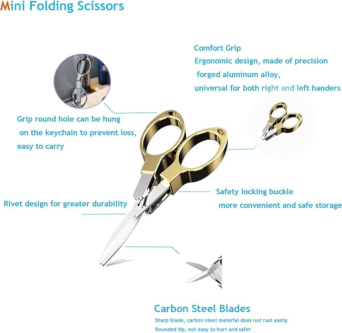Mini Folding Scissors, Safe Portable Travel Mini Scissors, Stainless Steel Retractable Small Scissors for Home Office, Safe Portable Travel Scissors, 2 Piece Set (gold)