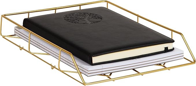 Mind Reader Gold Geometric Paper Tray, Modern Organizer for Documents, Folders, and Office Supplies, Durable and Stylish, Metal, 10" L x 12.25" W x 2" H, Gold